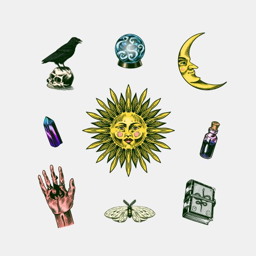 Sun and a crescent moon with face magic book Vector Image