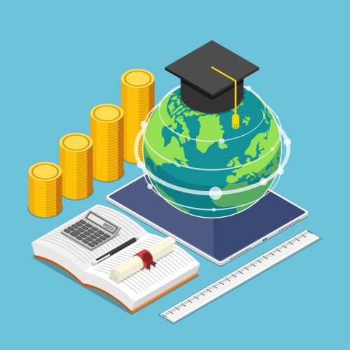 isometric world and graduation cap on digital vector image