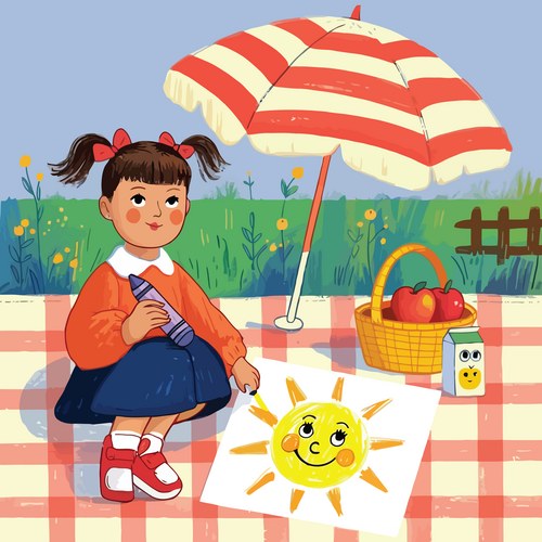 Girl Drawing on Picnic Blanket Vector Image