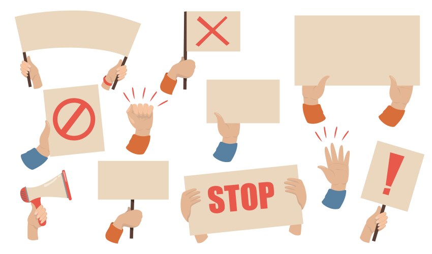 Hands holding empty blank placards and megaphones Vector Image