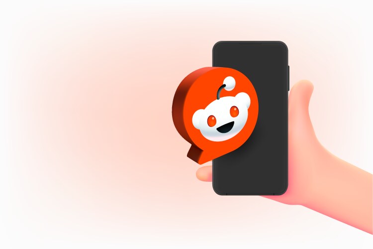 Using reddit application via mobile phone 3d vector image