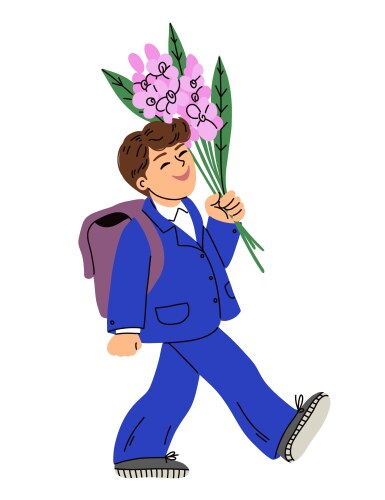 Schoolchild walking with a backpack and flowers Vector Image