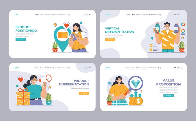 product differentiation web or landing set vector