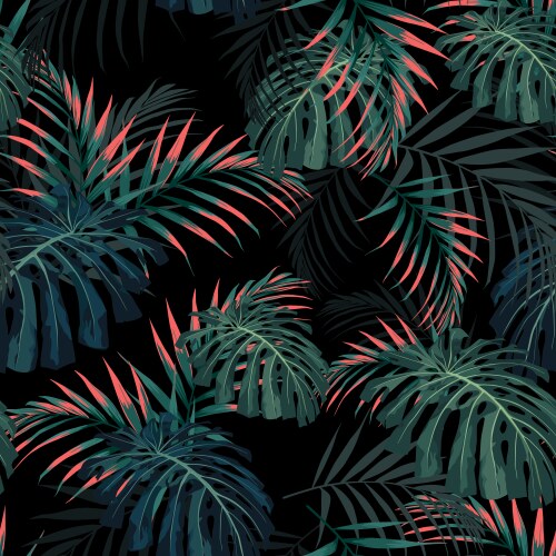 Tropical leaves green seamless dark blue Vector Image