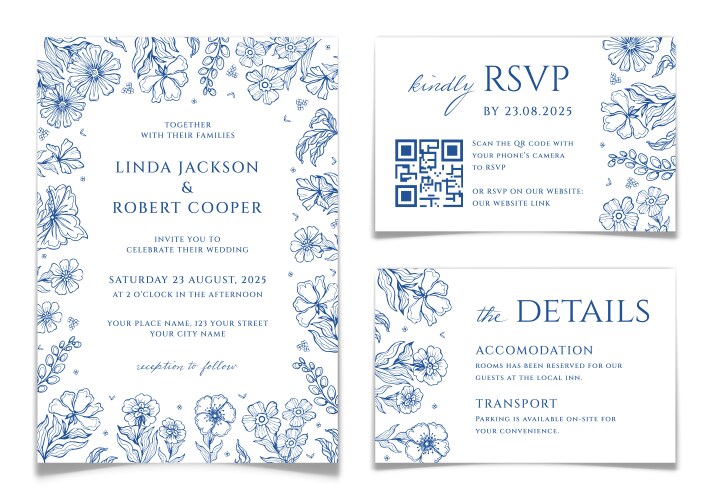 Wedding invitations set in blue floral toile style Vector Image