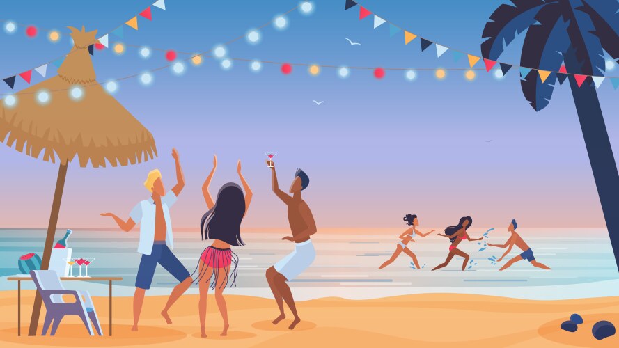 young people friends dancing on beach cartoon vector image vector image