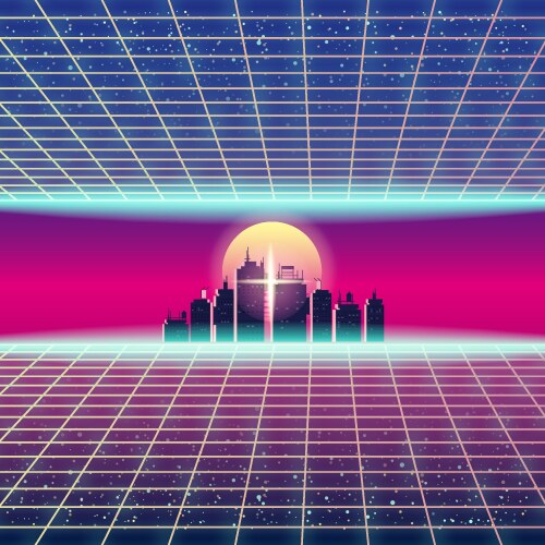 Synthwave retro futuristic landscape with city vector image