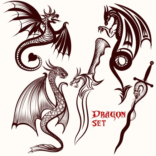 Dragon Motif Tattoo Set Vector Image
