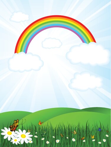 Rainbow clouds blue sky and grass Royalty Free Vector Image