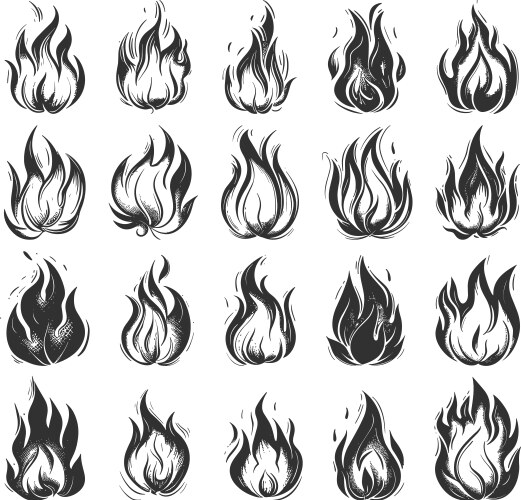 Doodle style flames icon set flame fire heat Vector Image