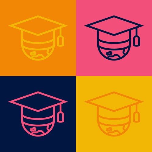 Pop art line graduation cap on globe icon isolated Vector Image