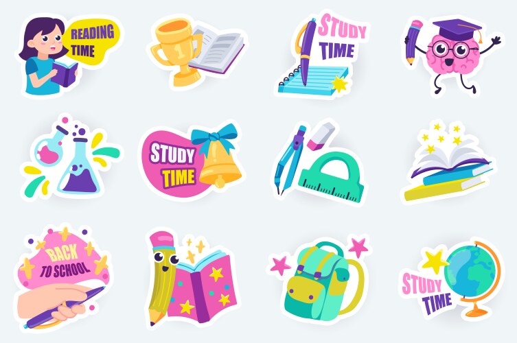 education cute stickers set in flat cartoon design vector