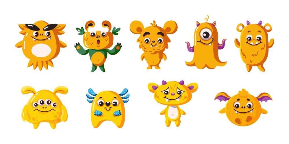 Playful yellow monsters group flat Vector Image