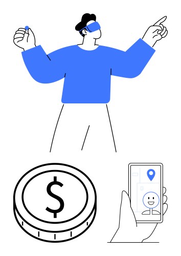Man using augmented reality with coin and mobile vector image
