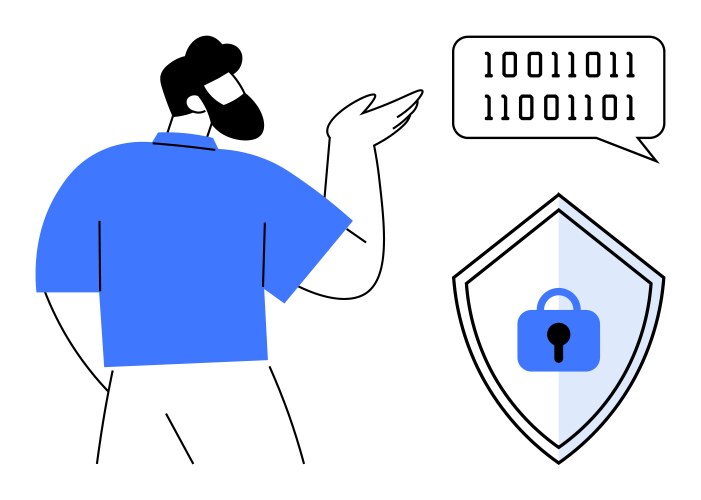 Man discussing cyber security with binary code vector image