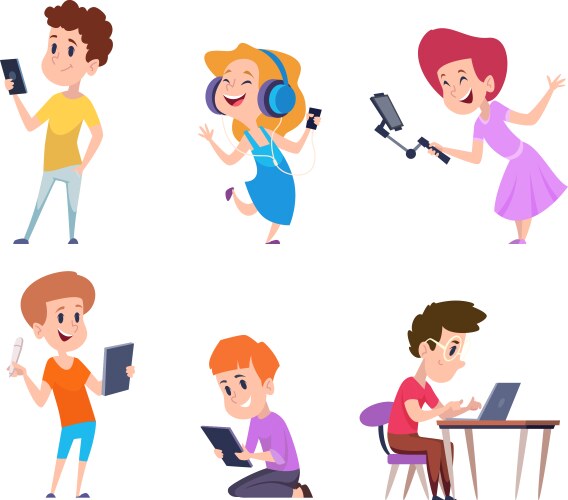 Kids with gadgets little persons holding vector image