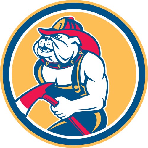 Bulldog fireman with axe circle retro vector image