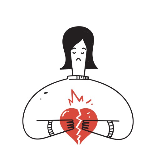 hand drawn doodle person holding broken heart vector image