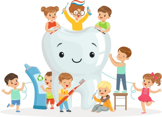 Children Cleaning a Tooth Vector Image