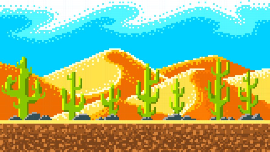 Cacti and mountains in the desert pixel art 8 bit vector image