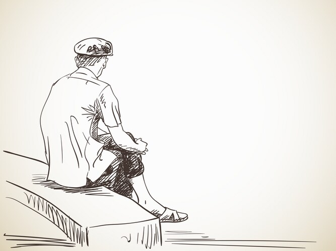 Sketch old man sitting on bench hand drawn Vector Image