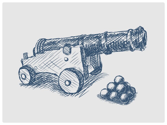 Old cannon hand drawn blue sketch Vector Image