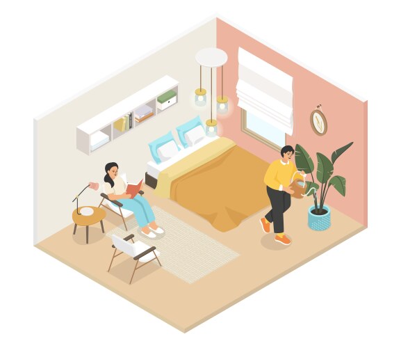 Family bedroom - modern colorful isometric vector image