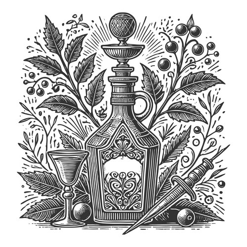 Poison bottle with dagger and herbs Vector Image