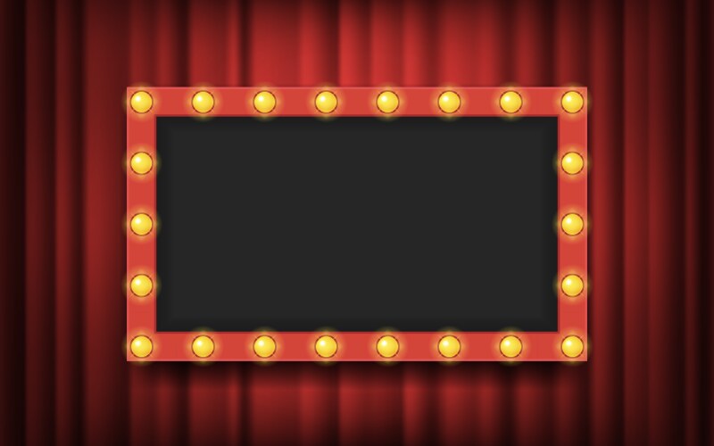 Frame with light bulbs on red theater curtains vector image