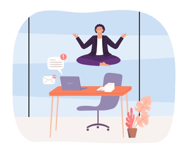 office yoga employee sitting in lotus position vector