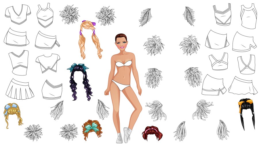 Cheerleader coloring page paper doll Vector Image
