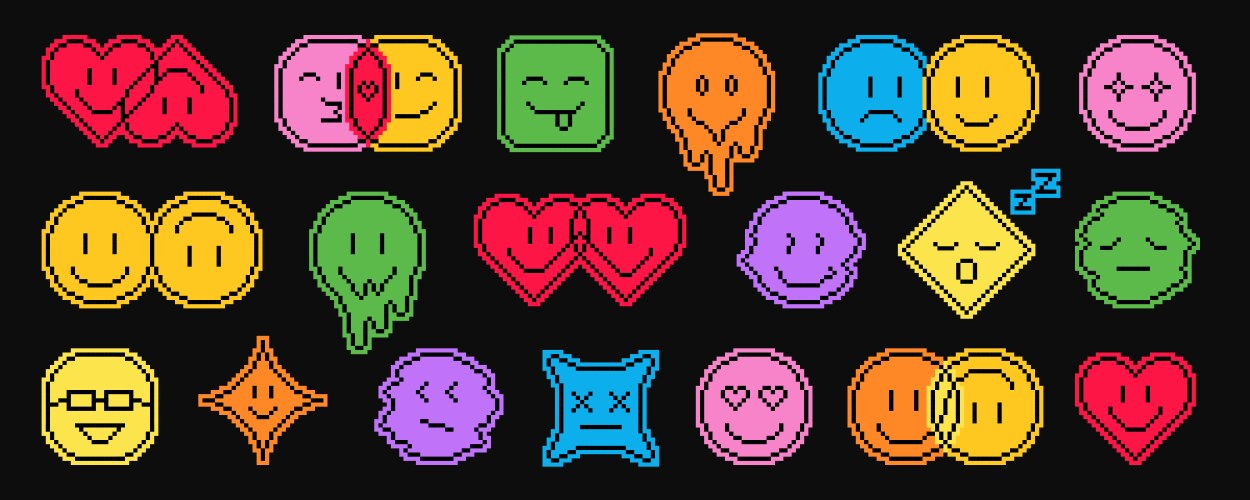 colored pixel emoji smile pack various art vector