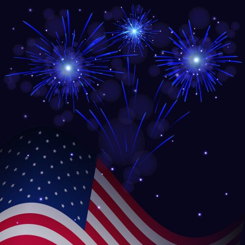 4th of july blue fireworks and flag vector