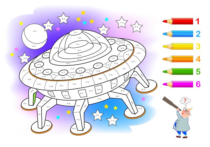 Kids Math Coloring Pages - Alien Spaceship Vector Image