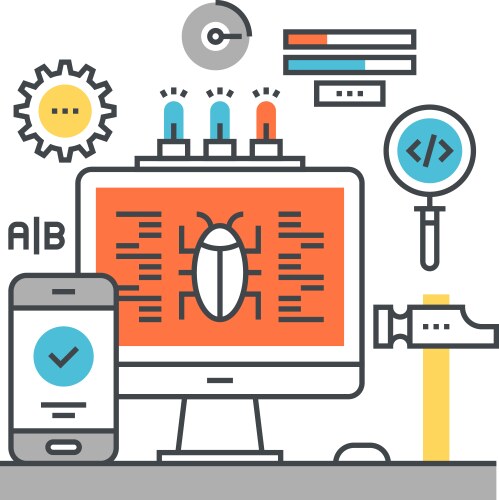 Testing and bug fixing flat line design concept vector image