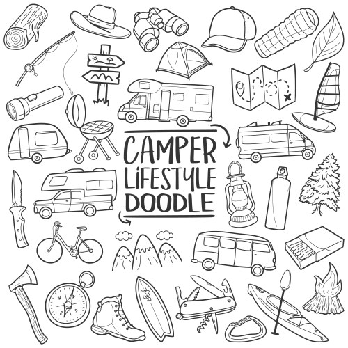 Camping adventure doodle icons line art Vector Image