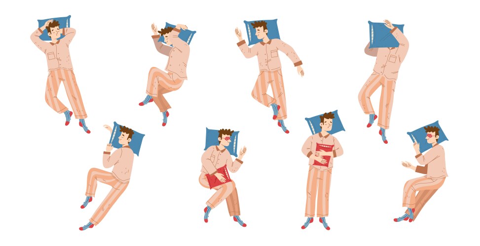 Man sleep in different poses top view vector image