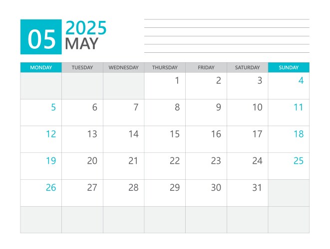 Calendar planner 2025 - may template Royalty Free Vector