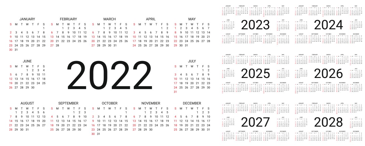 calendar 2022 2023 2024 2025 2026 2027 2028 years vector image