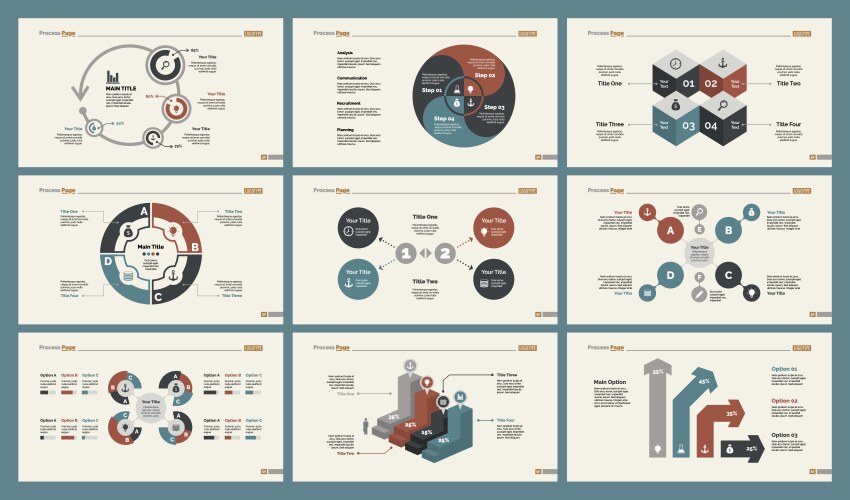 Six management charts slide templates set vector image