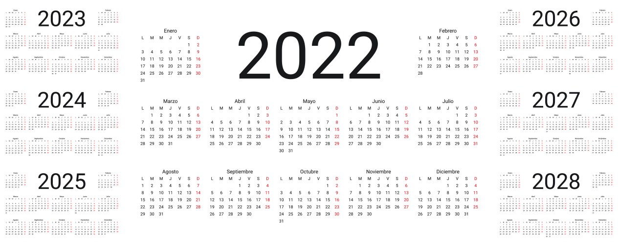 spanish calendar 2022 2023 2024 2025 2026 2027 vector image