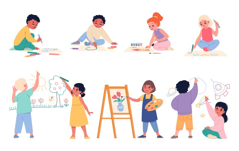 Cute children draw kids make drawings young Vector Image