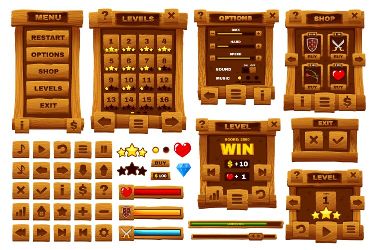 Wooden button cartoon interface ui or game gui vector image