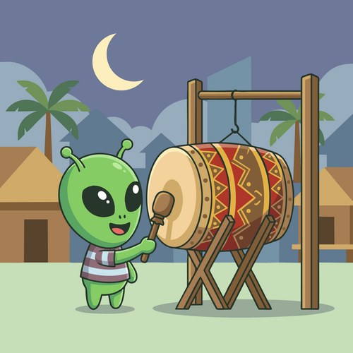 Cute Alien Playing a Bedug Vector Image