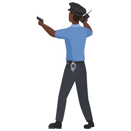 back view of black policeman pointing with gun vector