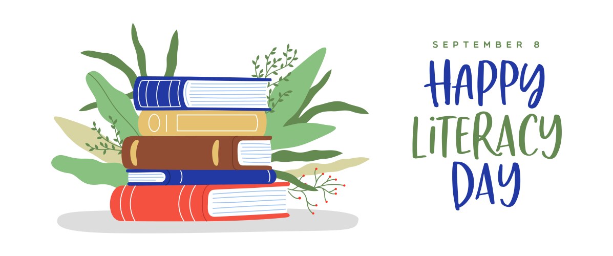 Literacy day book pile green plant leaf web banner vector image