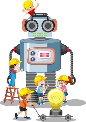 children building robot together on white vector image