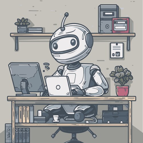 Cartoon ai robot at computer desk vector image