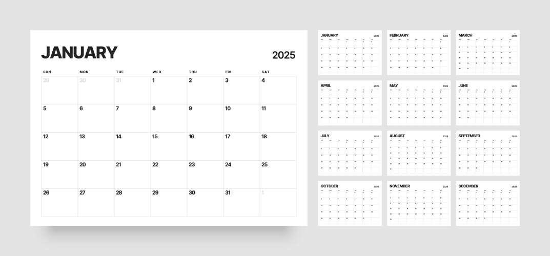 Monthly calendar layout for 2025 planner diary vector image