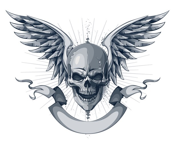 Skull with Ribbon Wings - Grunge Style Vector Image